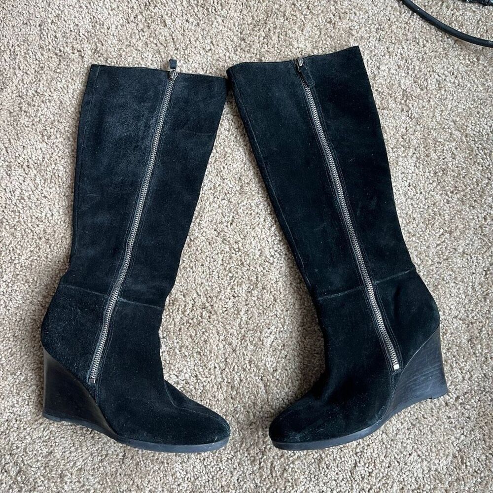Franco Sarto Watch Black Suede Wedge Knee-High Boots Sz 7.5